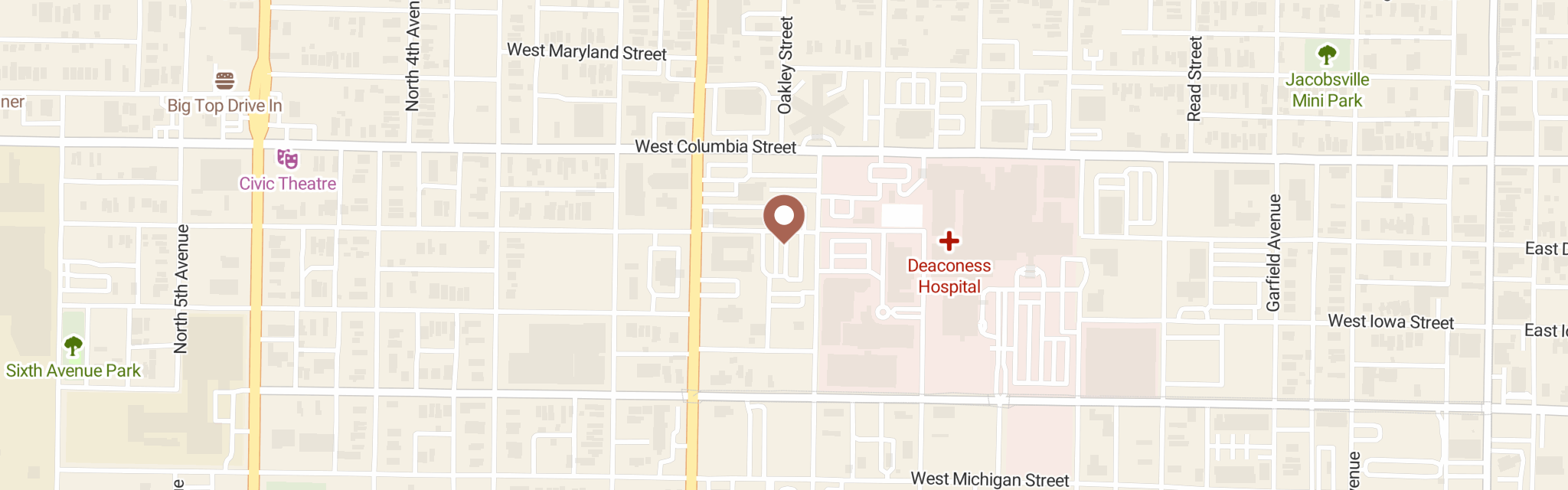 Map of Evansville Emergency Food Pantry at 734 W Delaware St, Evansville, IN 47710