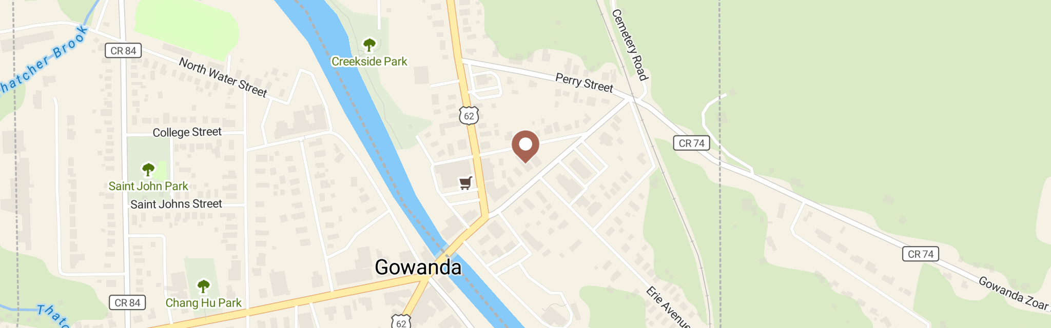 Map of Gowanda Food Pantry at 64 E Main St, Gowanda, NY 14070