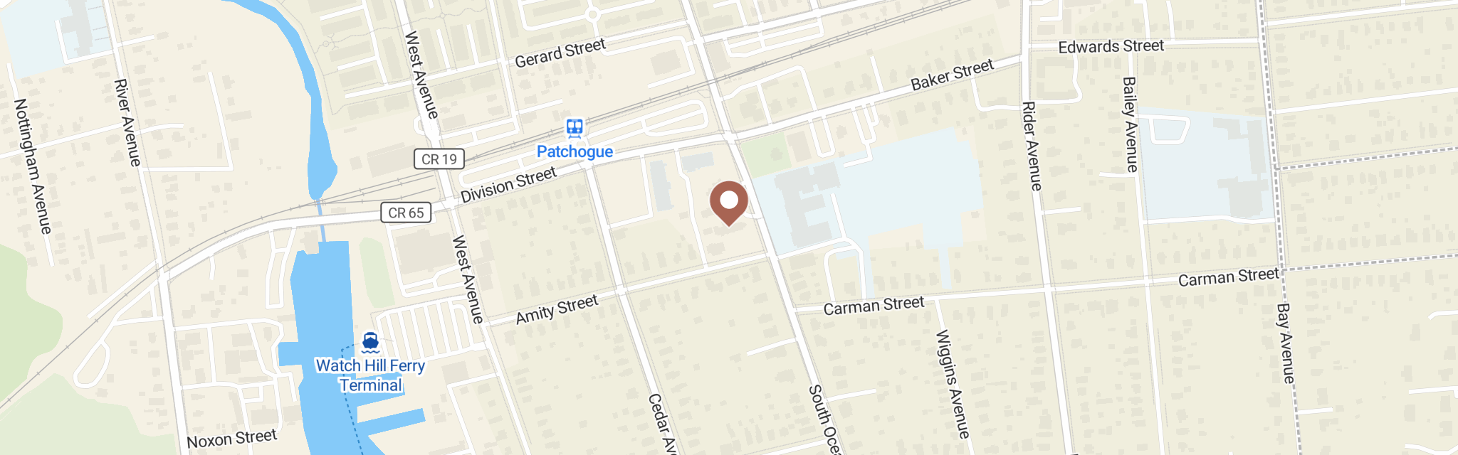 Map of Saint Frances Cabrini Food Pantry at 7 Amity St, Patchogue, NY 11772